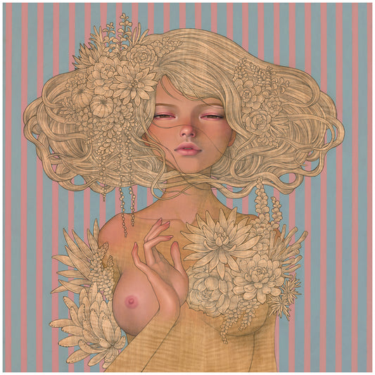 Artistic depiction of a woman with floral elements on a striped background