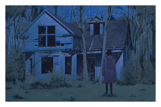 Person in a purple coat standing in front of a decrepit house at night in a forest