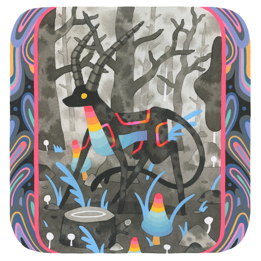 Colorful deer illustration in a forest setting with abstract patterns.