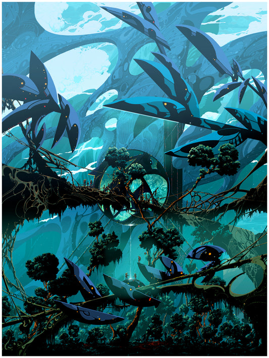Futuristic underwater scene with alien creatures and glowing plants.