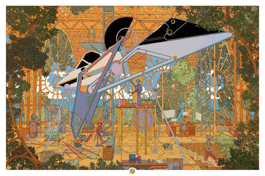 Colorful illustration of a futuristic machine in a detailed setting with trees and structures.