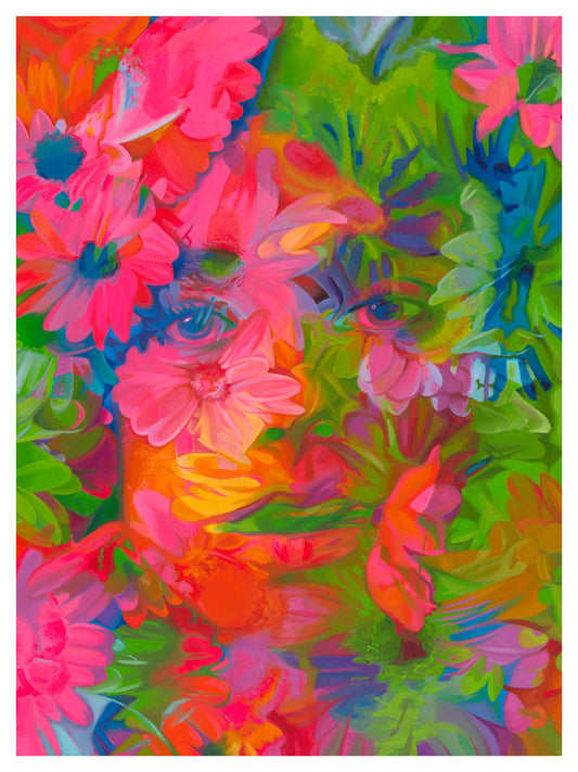 Colorful abstract painting with flowers and leaves