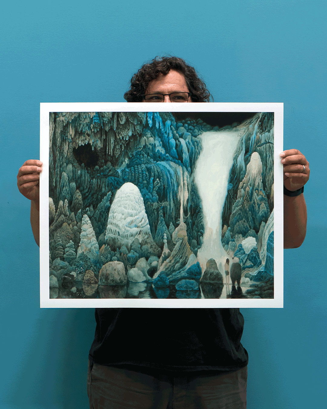 A detailed fantasy landscape painting depicting a dramatic waterfall cascading down a rocky, icy cave, with formations and small figures near the water's edge.