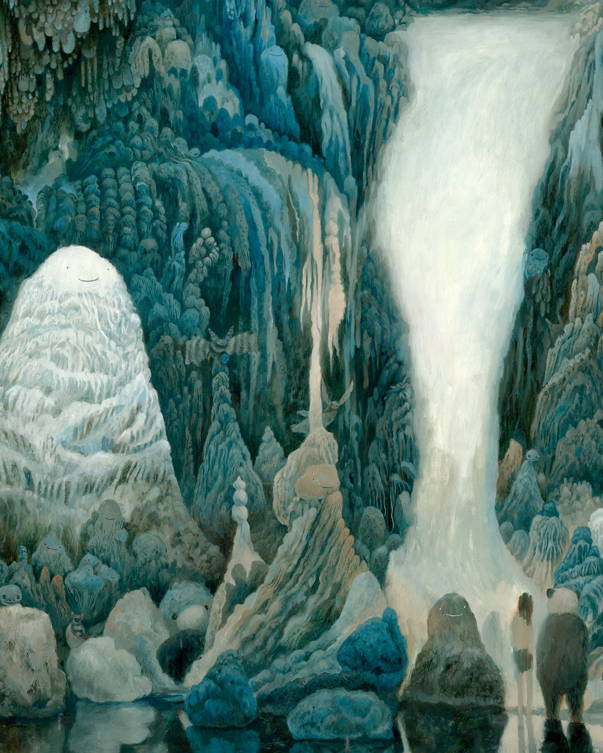 A detailed fantasy landscape painting depicting a dramatic waterfall cascading down a rocky, icy cave, with formations and small figures near the water's edge.