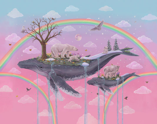 Fantasy scene with whales, polar bears, and a rainbow on a pink background