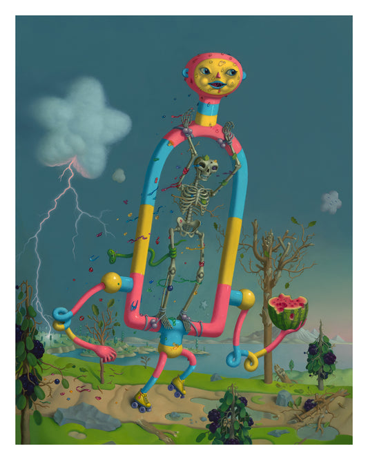 Colorful sculpture of a skeleton with a cartoonish face against a blue sky with clouds.