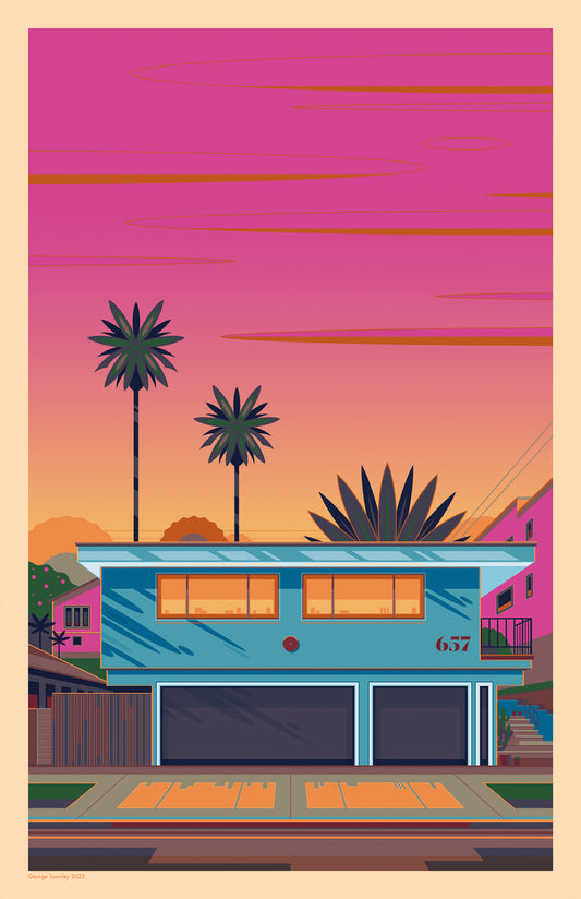 Illustration of a blue house with palm trees against a pink sunset sky.