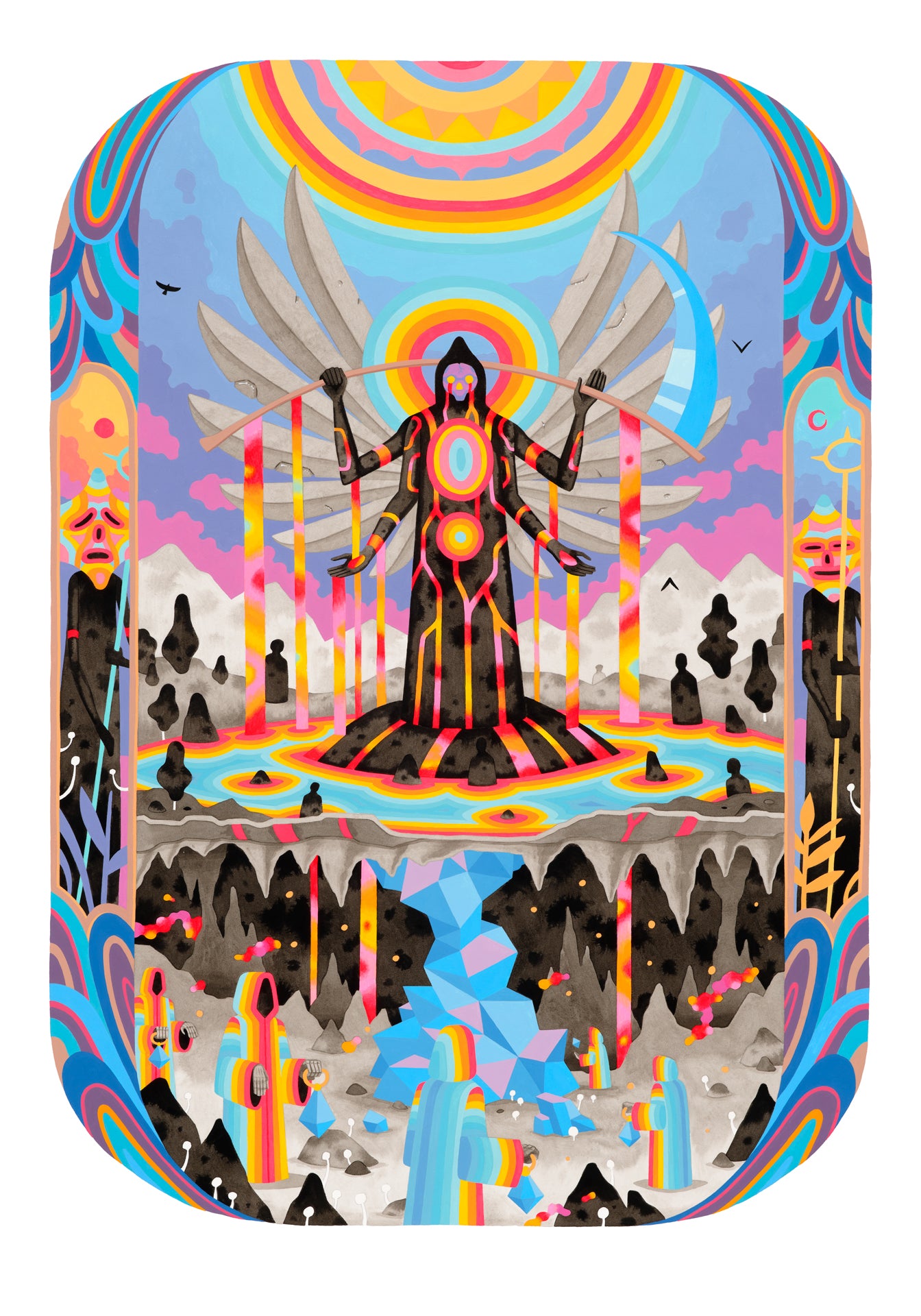 Colorful artwork of a winged figure with a rainbow arch and abstract elements.