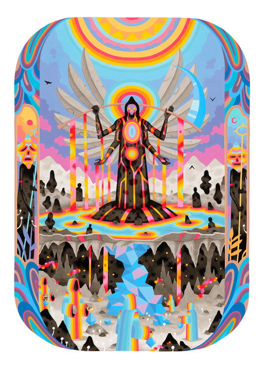 Colorful abstract design with central figure and geometric patterns