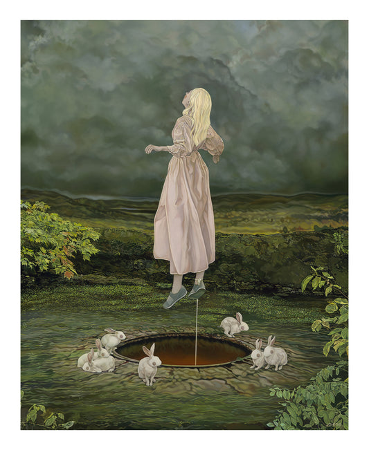 Woman in a pink dress floating over a well, surrounded by rabbits in a landscape with dark clouds.