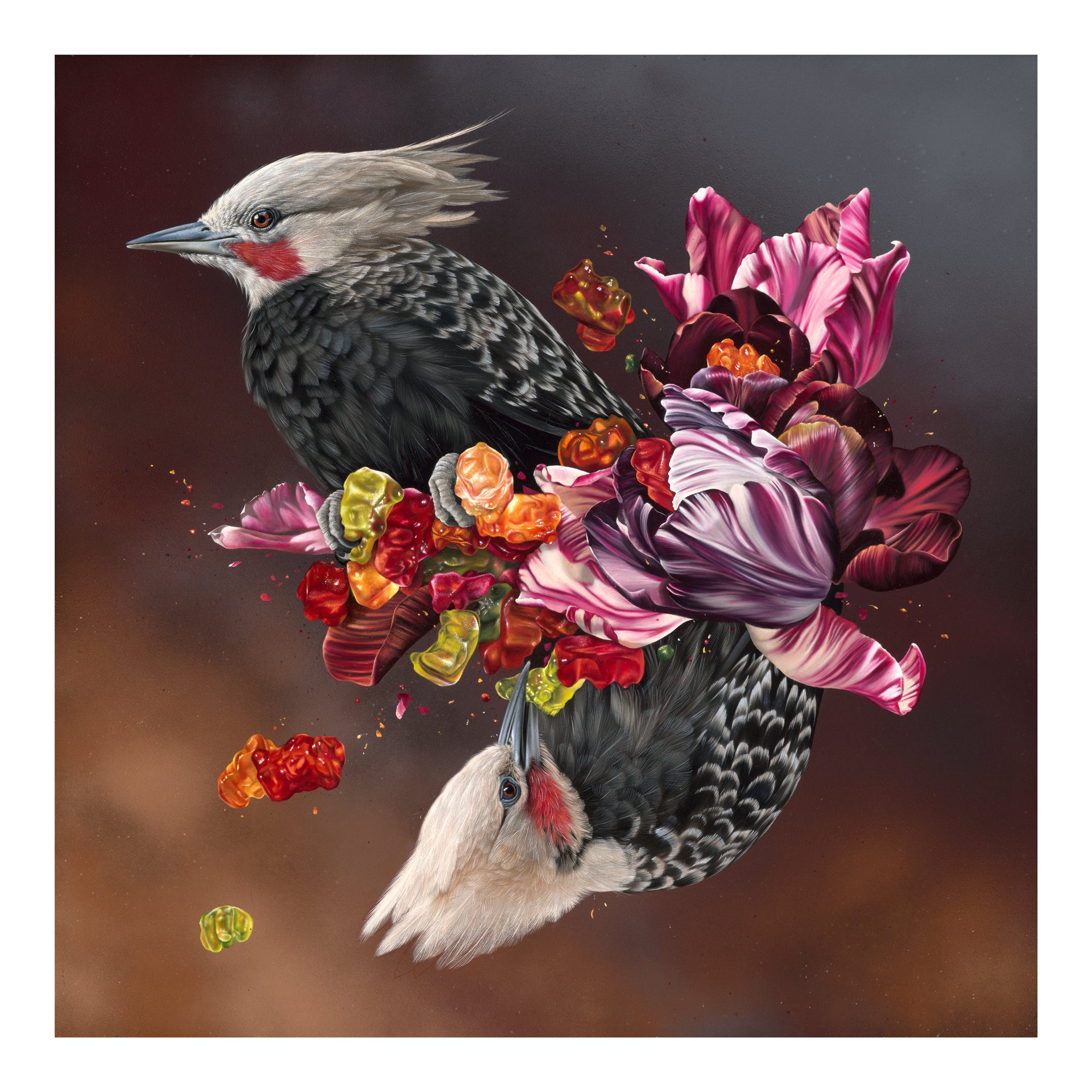Two woodpeckers surrounded by colorful flowers and gummy bears on a dark background
