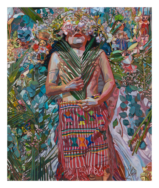 Colorful artwork of a person holding leaves amidst flowers and foliage