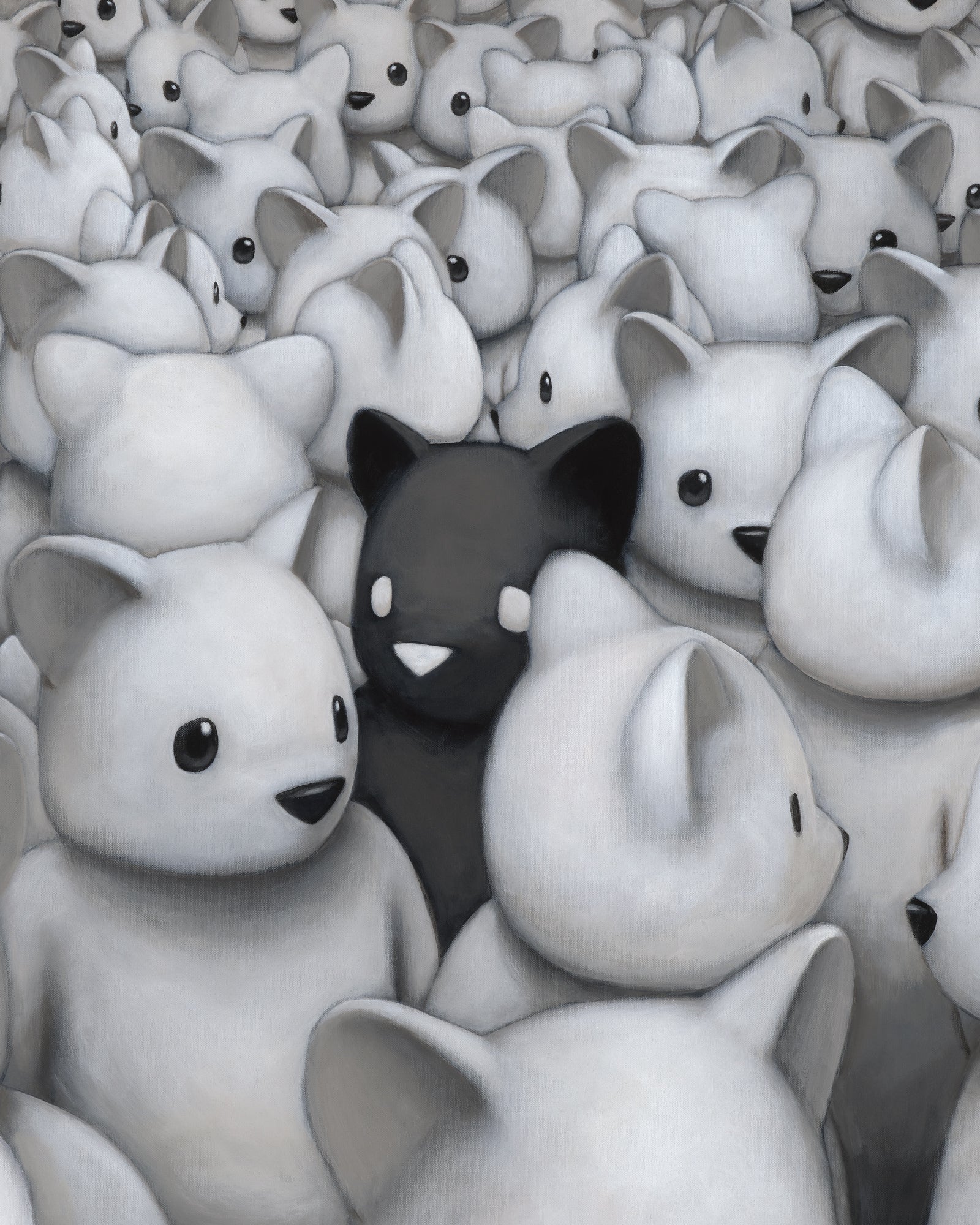 A stylized illustration of many small white bears, surrounding a single black bear.  
