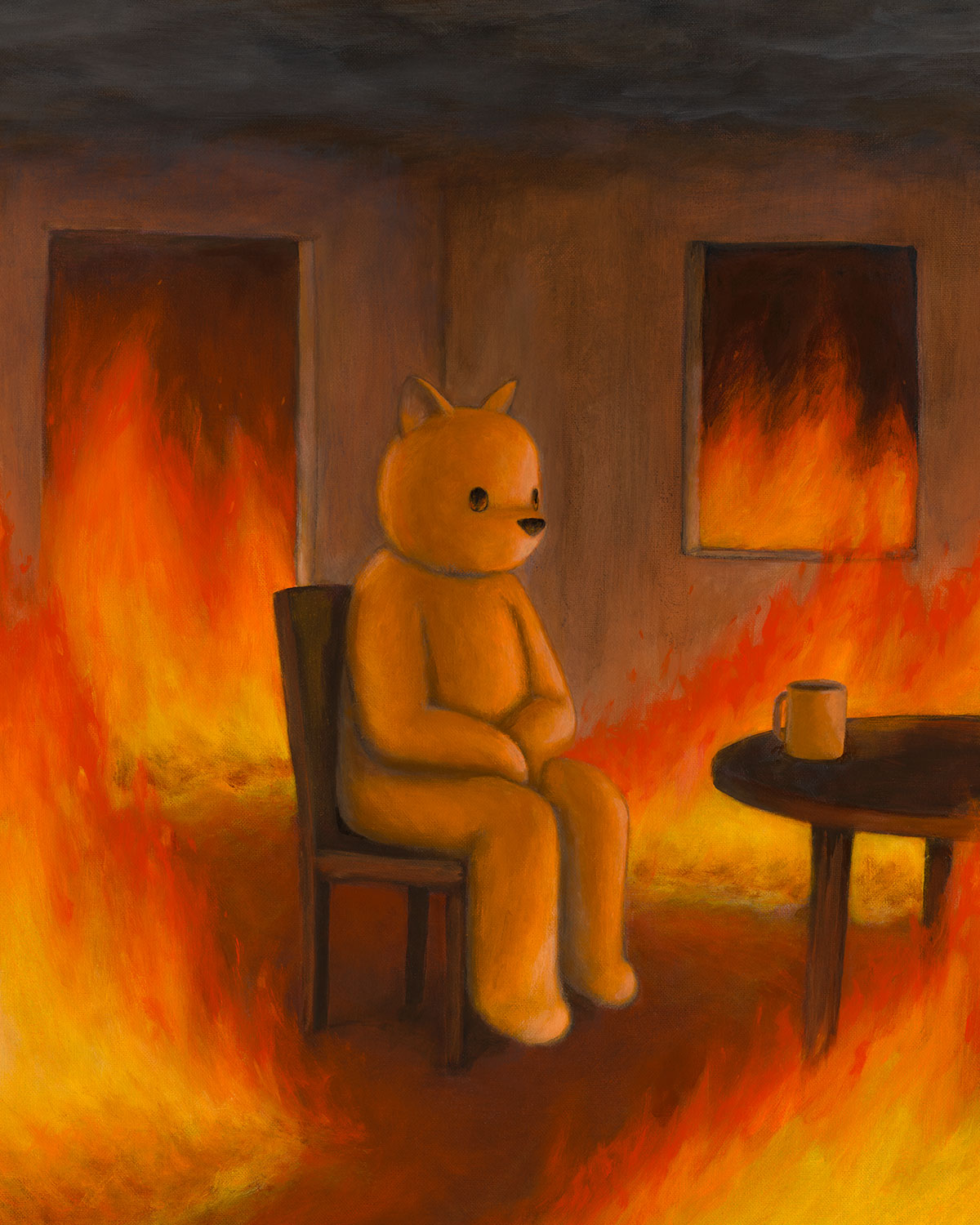 An expressive painting of a small yellow bear-like figure sitting on a chair in a burning room, with flames filling the walls and floor and a mug on a table beside it.