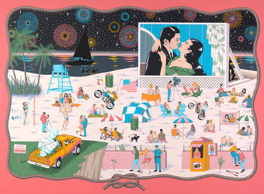 Illustrated beach scene with people, cars, and a couple embracing, set against a pink background.