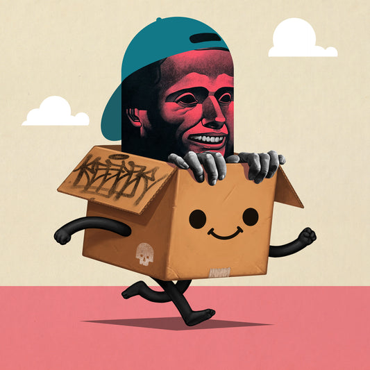 Human figure in running cardboard box with smiley face against a beige and pink background with white clouds