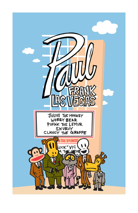 Paul Frank characters in suits with a blue sky and clouds in the background